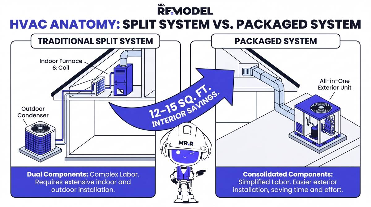 A clean, vertical infographic that visually breaks down the components. Left side: "Traditional Split System," showing a diagram with a furnace inside the house and a condenser outside, connected by lines, labeled "Dual-Cabinet Installation (Complex)." Right side highlighted in Secondary Accent: Blue (#5044FF): "Packaged HVAC System," showing all components consolidated into one box outside, labeled "Single-Cabinet Installation (Streamlined)." It includes a callout for "12–15 Sq. Ft. Interior Savings."